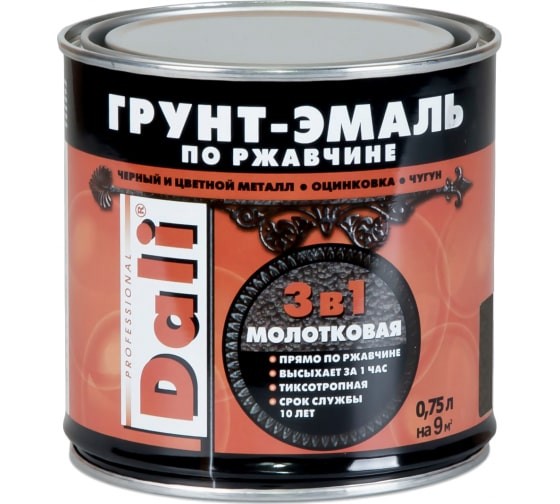 Грунт-эмаль по ржавчине Dali 3 в 1 молотковая черная 0.75 л
