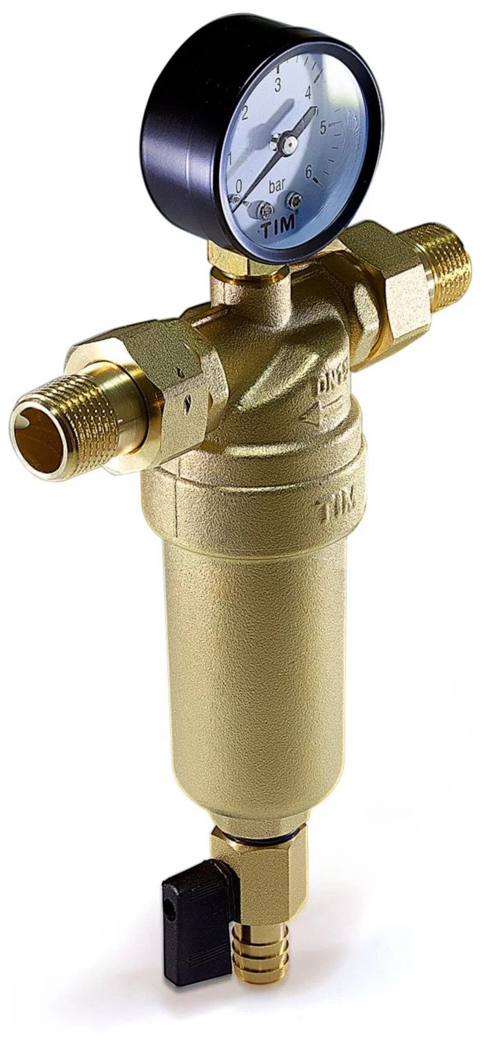 Фильтр механической очистки Tim JH-1001 муфтовый (НР/НР), латунь, со сливом, с манометром золотистый Ду 15 (½")
